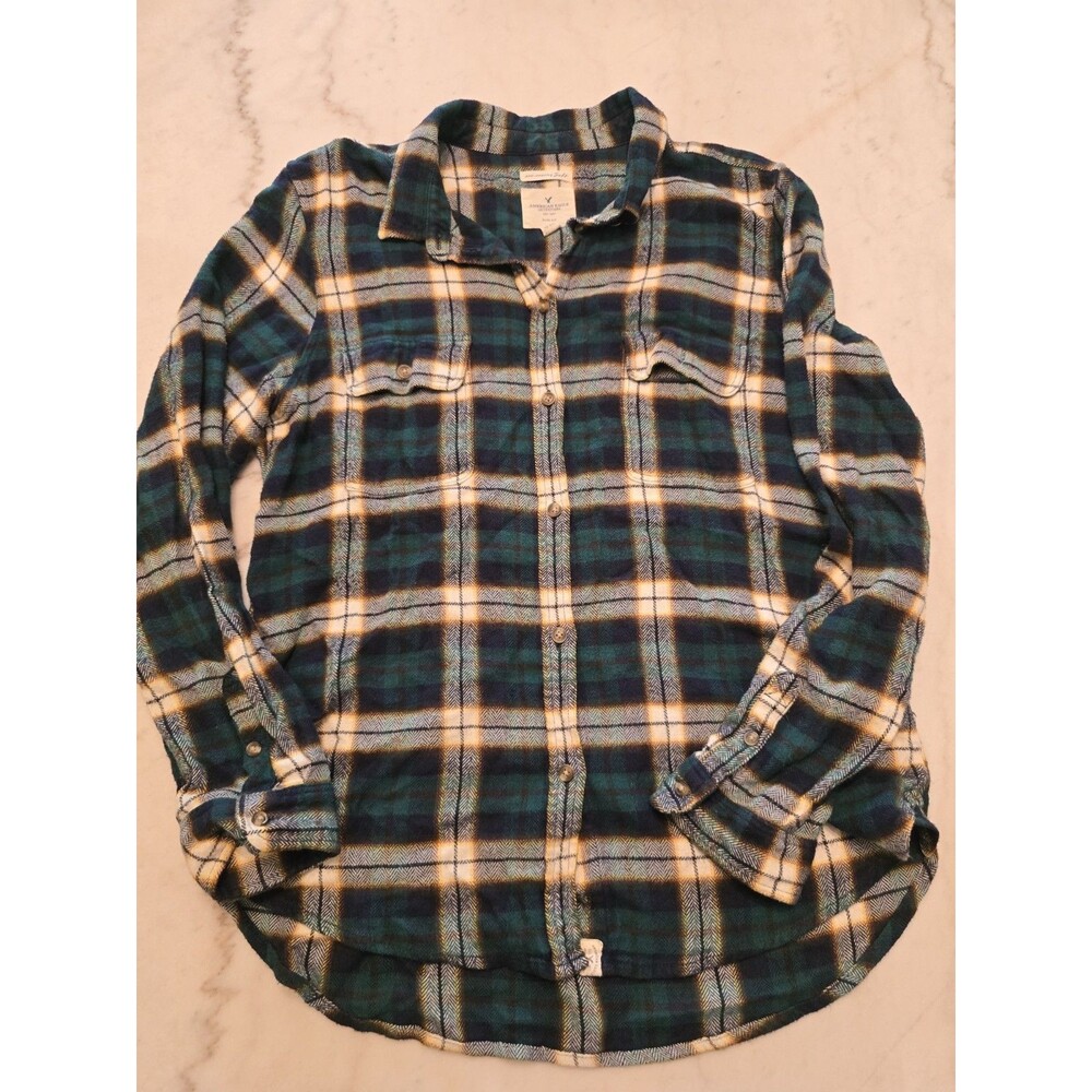 American Eagle Womens sz XL Top Green Plaid Soft Slim Fit Flannel Button Up